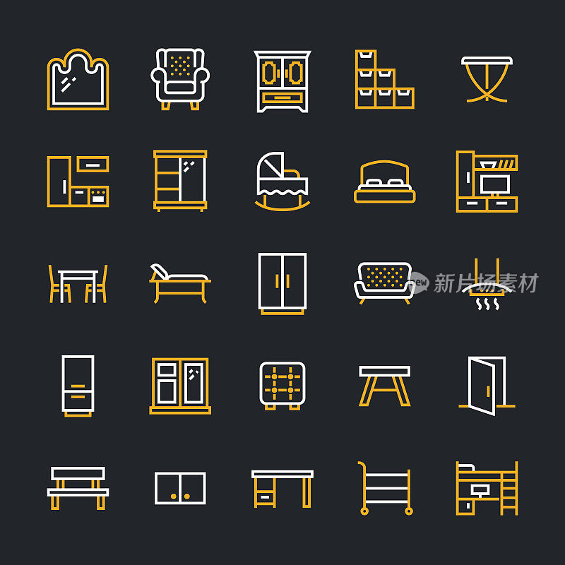Furniture vector flat line icons. Living room tv stand, bedroom, baby crib, kitchen exhaust hood, sofa, nursery, dining table, door window. Thin signs collection interior store. Pixel perfect 48x48